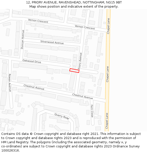 12, PRIORY AVENUE, RAVENSHEAD, NOTTINGHAM, NG15 9BT: Location map and indicative extent of plot