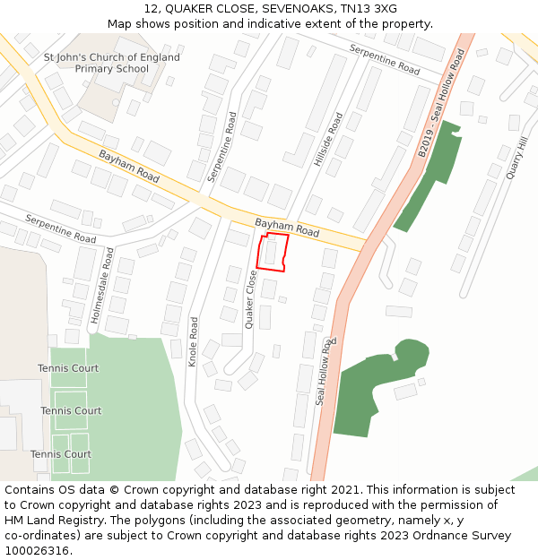 12, QUAKER CLOSE, SEVENOAKS, TN13 3XG: Location map and indicative extent of plot