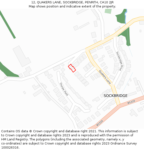 12, QUAKERS LANE, SOCKBRIDGE, PENRITH, CA10 2JR: Location map and indicative extent of plot