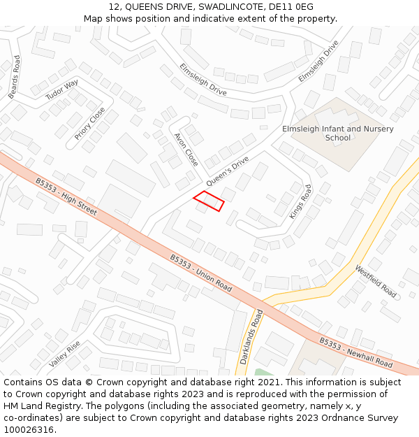 12, QUEENS DRIVE, SWADLINCOTE, DE11 0EG: Location map and indicative extent of plot