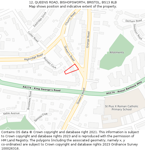 12, QUEENS ROAD, BISHOPSWORTH, BRISTOL, BS13 8LB: Location map and indicative extent of plot