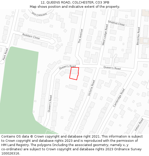 12, QUEENS ROAD, COLCHESTER, CO3 3PB: Location map and indicative extent of plot