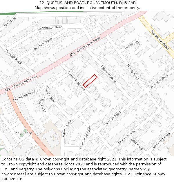 12, QUEENSLAND ROAD, BOURNEMOUTH, BH5 2AB: Location map and indicative extent of plot
