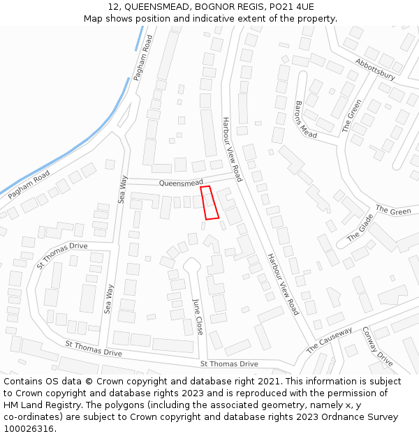 12, QUEENSMEAD, BOGNOR REGIS, PO21 4UE: Location map and indicative extent of plot