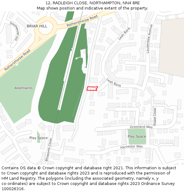 12, RADLEIGH CLOSE, NORTHAMPTON, NN4 8RE: Location map and indicative extent of plot