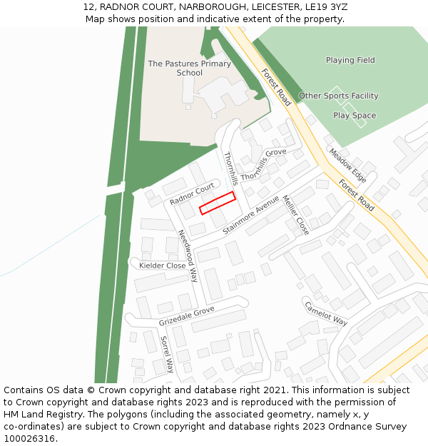 12, RADNOR COURT, NARBOROUGH, LEICESTER, LE19 3YZ: Location map and indicative extent of plot