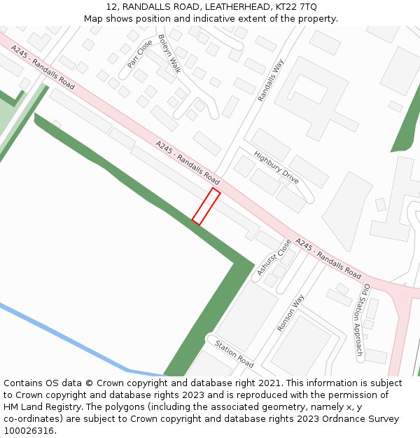 12, RANDALLS ROAD, LEATHERHEAD, KT22 7TQ: Location map and indicative extent of plot