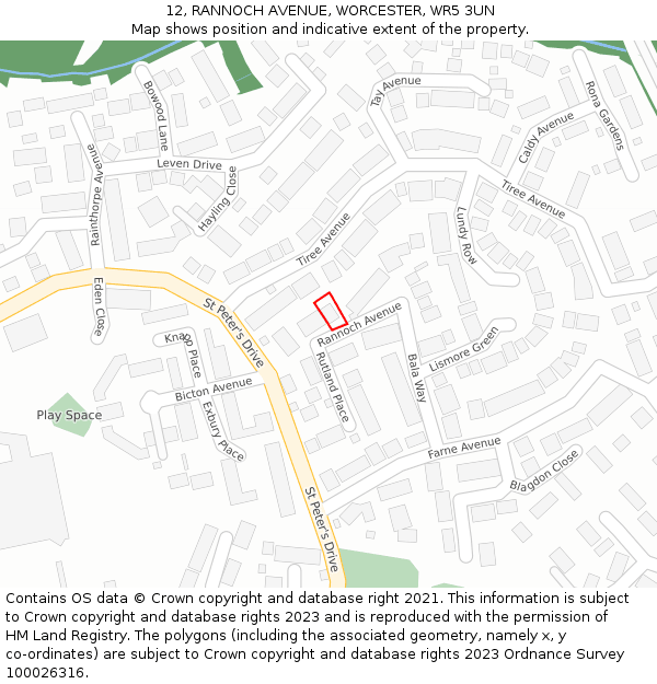 12, RANNOCH AVENUE, WORCESTER, WR5 3UN: Location map and indicative extent of plot