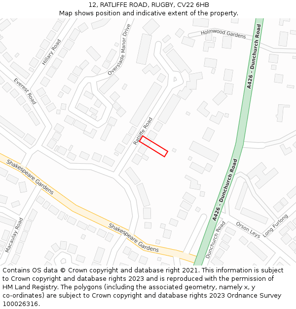 12, RATLIFFE ROAD, RUGBY, CV22 6HB: Location map and indicative extent of plot