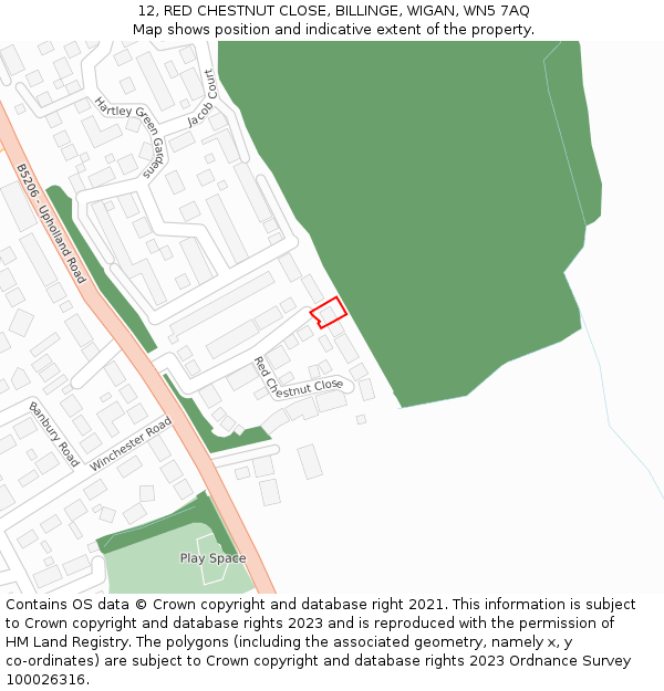 12, RED CHESTNUT CLOSE, BILLINGE, WIGAN, WN5 7AQ: Location map and indicative extent of plot