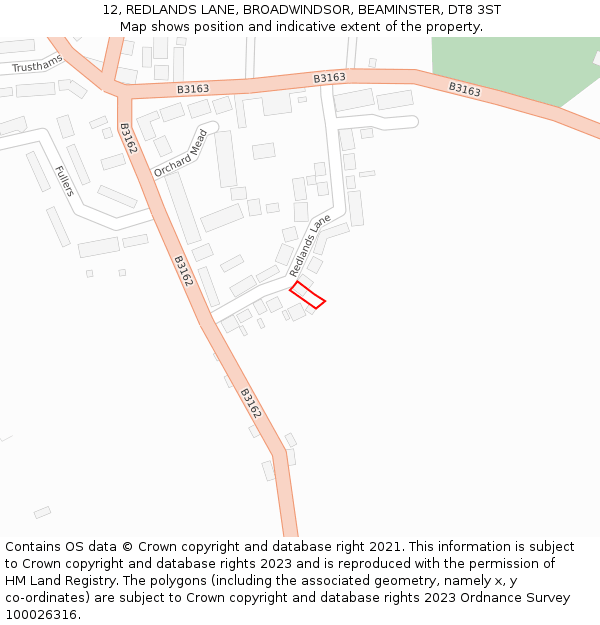 12, REDLANDS LANE, BROADWINDSOR, BEAMINSTER, DT8 3ST: Location map and indicative extent of plot