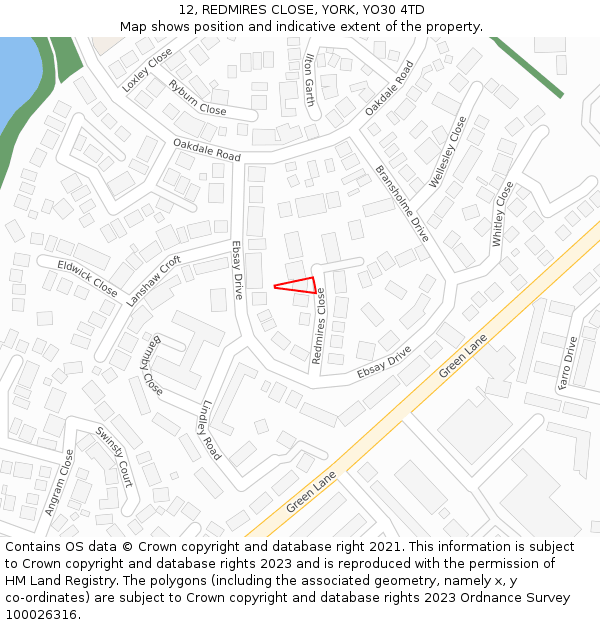 12, REDMIRES CLOSE, YORK, YO30 4TD: Location map and indicative extent of plot