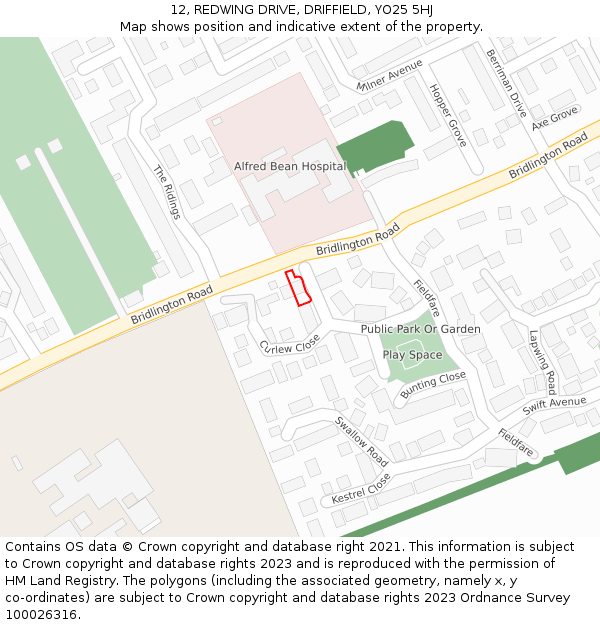 12, REDWING DRIVE, DRIFFIELD, YO25 5HJ: Location map and indicative extent of plot