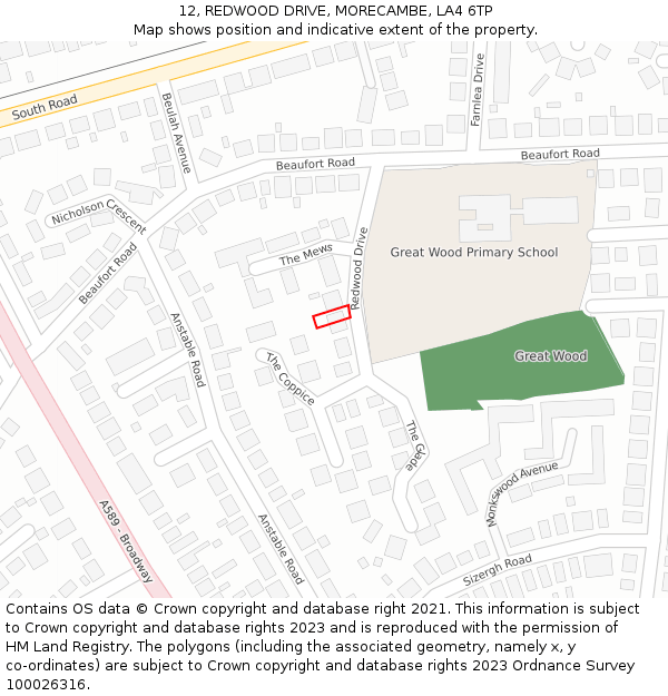 12, REDWOOD DRIVE, MORECAMBE, LA4 6TP: Location map and indicative extent of plot