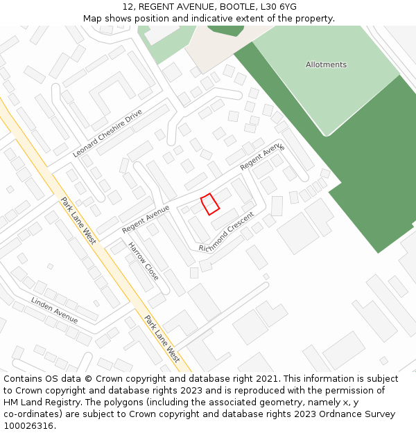 12, REGENT AVENUE, BOOTLE, L30 6YG: Location map and indicative extent of plot