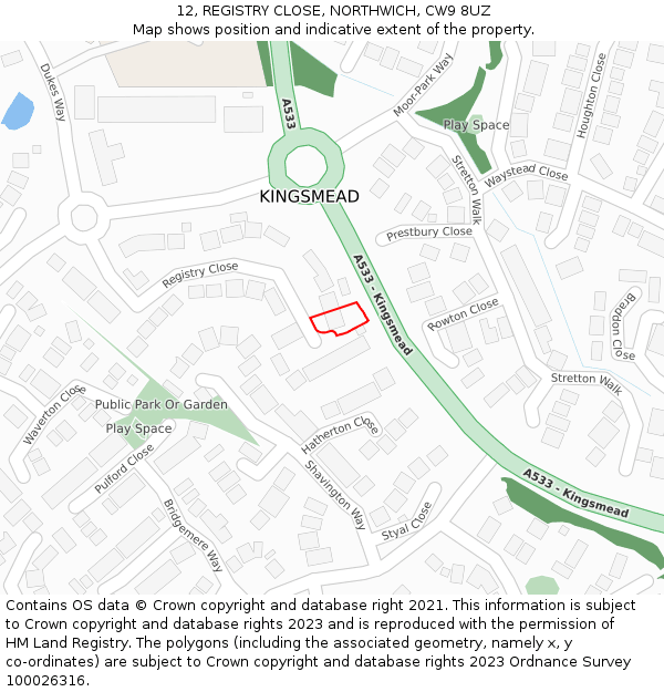 12, REGISTRY CLOSE, NORTHWICH, CW9 8UZ: Location map and indicative extent of plot