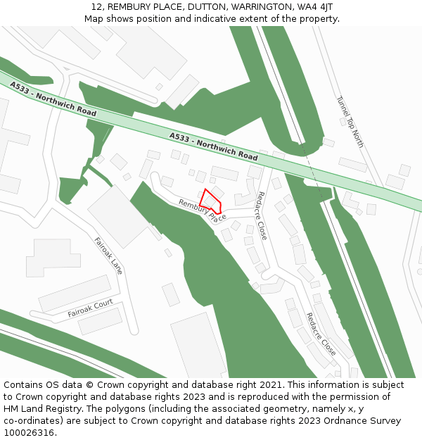 12, REMBURY PLACE, DUTTON, WARRINGTON, WA4 4JT: Location map and indicative extent of plot