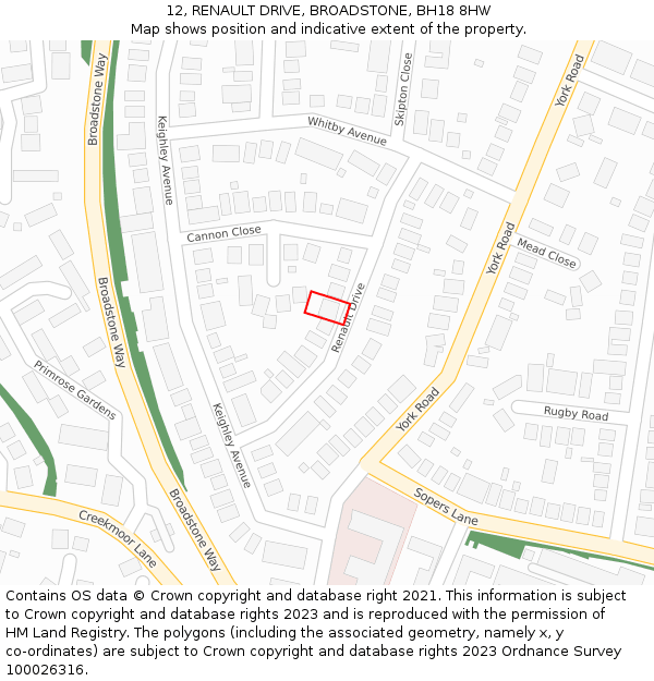 12, RENAULT DRIVE, BROADSTONE, BH18 8HW: Location map and indicative extent of plot