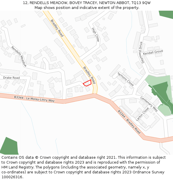 12, RENDELLS MEADOW, BOVEY TRACEY, NEWTON ABBOT, TQ13 9QW: Location map and indicative extent of plot
