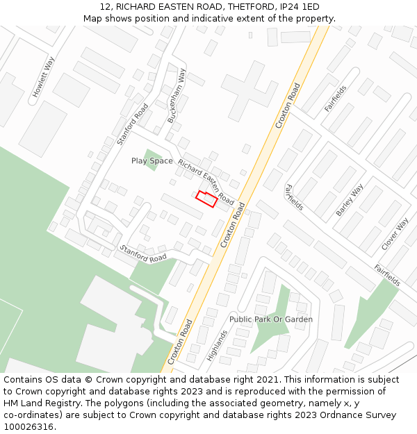 12, RICHARD EASTEN ROAD, THETFORD, IP24 1ED: Location map and indicative extent of plot