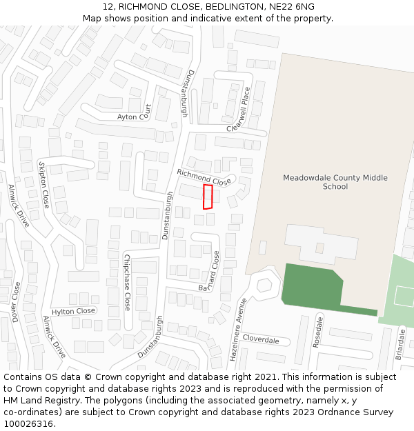 12, RICHMOND CLOSE, BEDLINGTON, NE22 6NG: Location map and indicative extent of plot