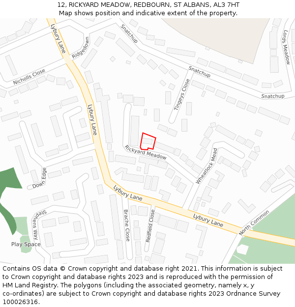 12, RICKYARD MEADOW, REDBOURN, ST ALBANS, AL3 7HT: Location map and indicative extent of plot