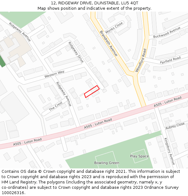 12, RIDGEWAY DRIVE, DUNSTABLE, LU5 4QT: Location map and indicative extent of plot