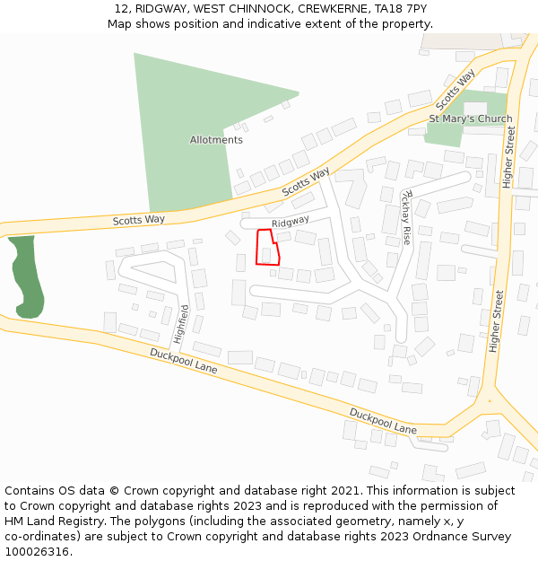 12, RIDGWAY, WEST CHINNOCK, CREWKERNE, TA18 7PY: Location map and indicative extent of plot