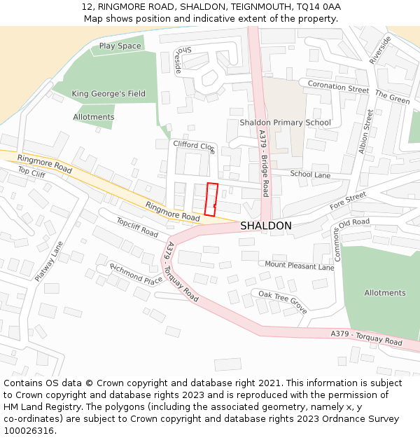 12, RINGMORE ROAD, SHALDON, TEIGNMOUTH, TQ14 0AA: Location map and indicative extent of plot