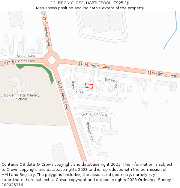 12, RIPON CLOSE, HARTLEPOOL, TS25 1JL: Location map and indicative extent of plot