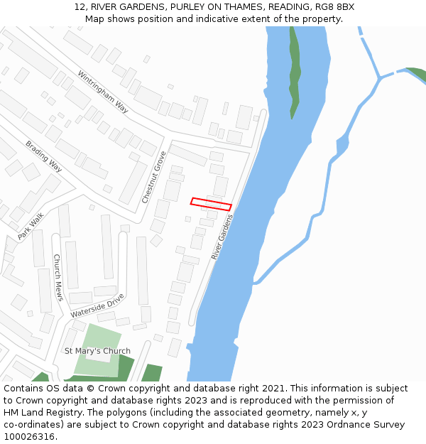 12, RIVER GARDENS, PURLEY ON THAMES, READING, RG8 8BX: Location map and indicative extent of plot