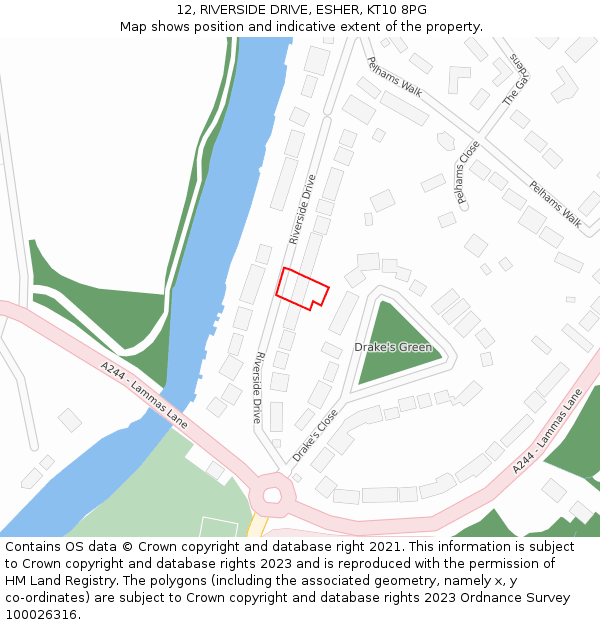 12, RIVERSIDE DRIVE, ESHER, KT10 8PG: Location map and indicative extent of plot