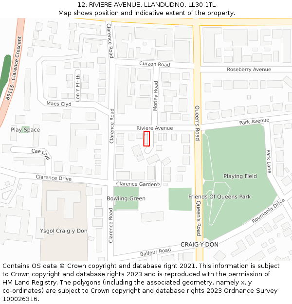 12, RIVIERE AVENUE, LLANDUDNO, LL30 1TL: Location map and indicative extent of plot