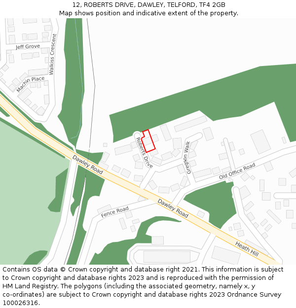 12, ROBERTS DRIVE, DAWLEY, TELFORD, TF4 2GB: Location map and indicative extent of plot