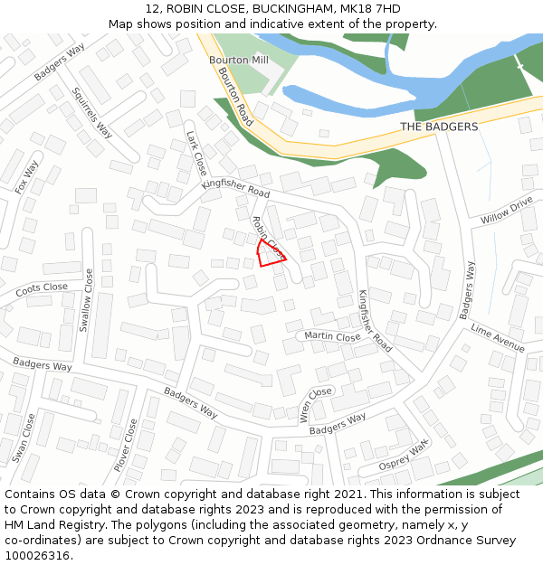 12, ROBIN CLOSE, BUCKINGHAM, MK18 7HD: Location map and indicative extent of plot