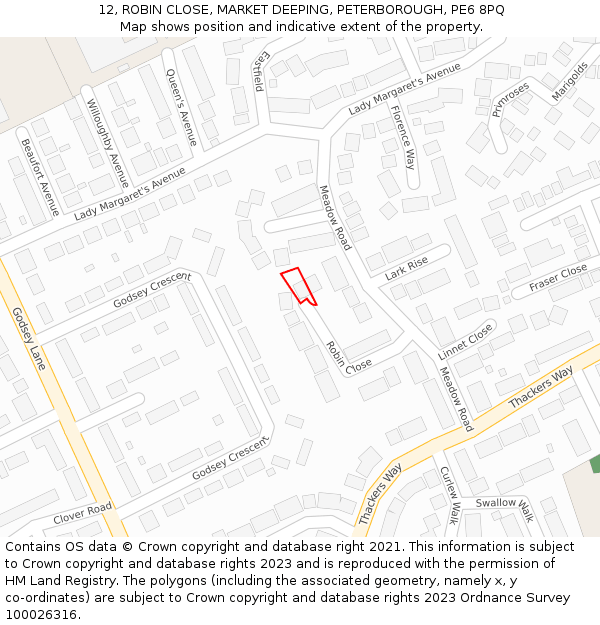 12, ROBIN CLOSE, MARKET DEEPING, PETERBOROUGH, PE6 8PQ: Location map and indicative extent of plot