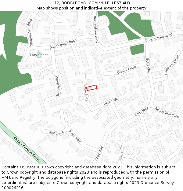 12, ROBIN ROAD, COALVILLE, LE67 4LB: Location map and indicative extent of plot