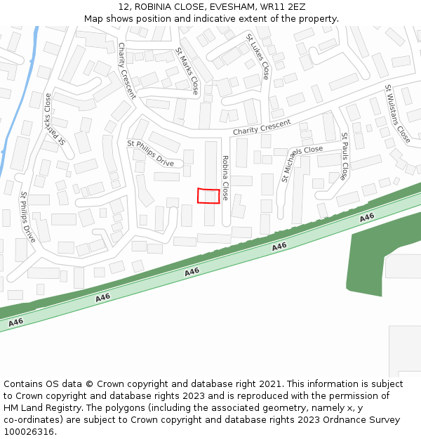 12, ROBINIA CLOSE, EVESHAM, WR11 2EZ: Location map and indicative extent of plot
