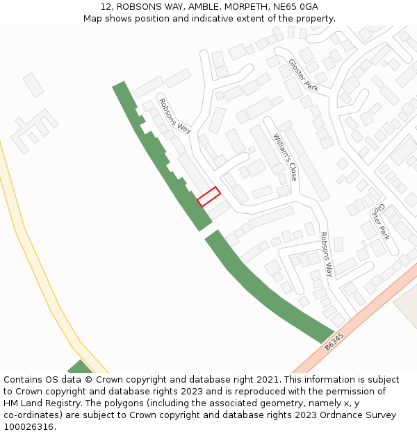 12, ROBSONS WAY, AMBLE, MORPETH, NE65 0GA: Location map and indicative extent of plot