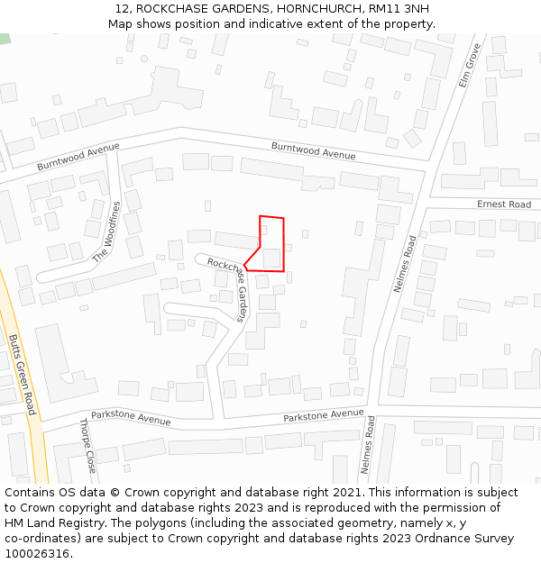 12, ROCKCHASE GARDENS, HORNCHURCH, RM11 3NH: Location map and indicative extent of plot