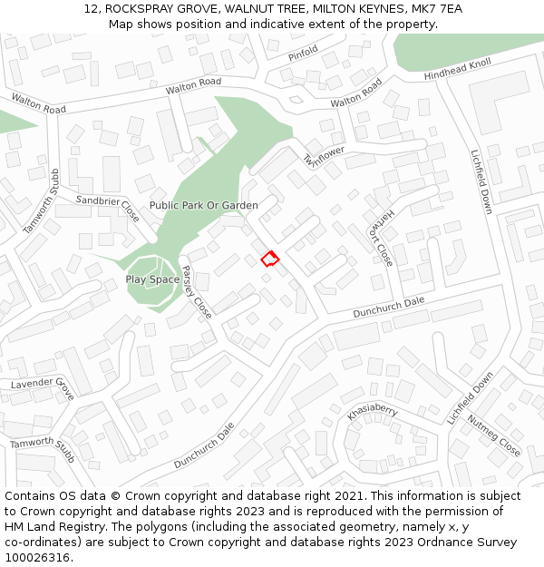 12, ROCKSPRAY GROVE, WALNUT TREE, MILTON KEYNES, MK7 7EA: Location map and indicative extent of plot