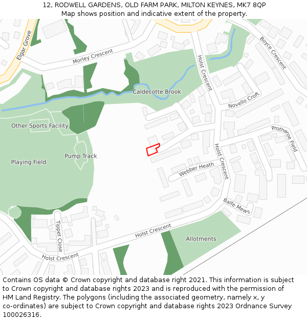 12, RODWELL GARDENS, OLD FARM PARK, MILTON KEYNES, MK7 8QP: Location map and indicative extent of plot