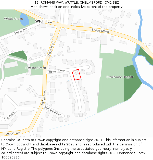 12, ROMANS WAY, WRITTLE, CHELMSFORD, CM1 3EZ: Location map and indicative extent of plot