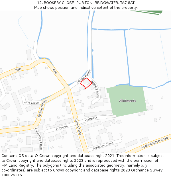 12, ROOKERY CLOSE, PURITON, BRIDGWATER, TA7 8AT: Location map and indicative extent of plot