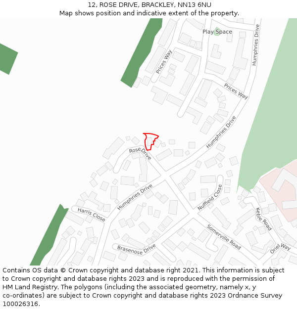 12, ROSE DRIVE, BRACKLEY, NN13 6NU: Location map and indicative extent of plot