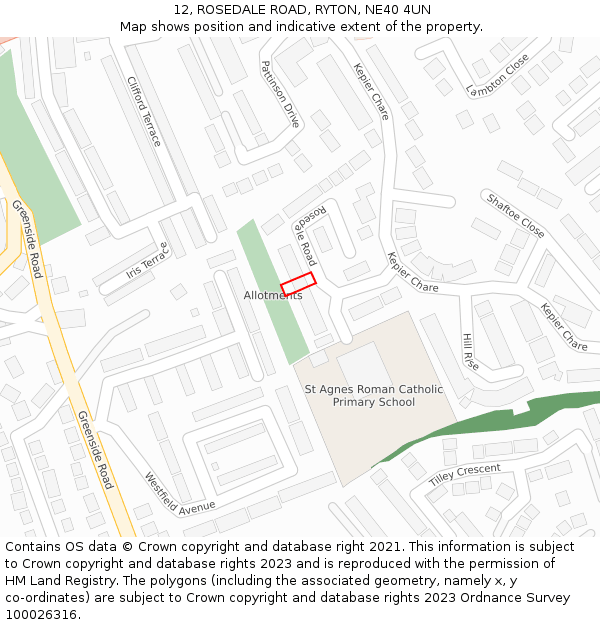 12, ROSEDALE ROAD, RYTON, NE40 4UN: Location map and indicative extent of plot