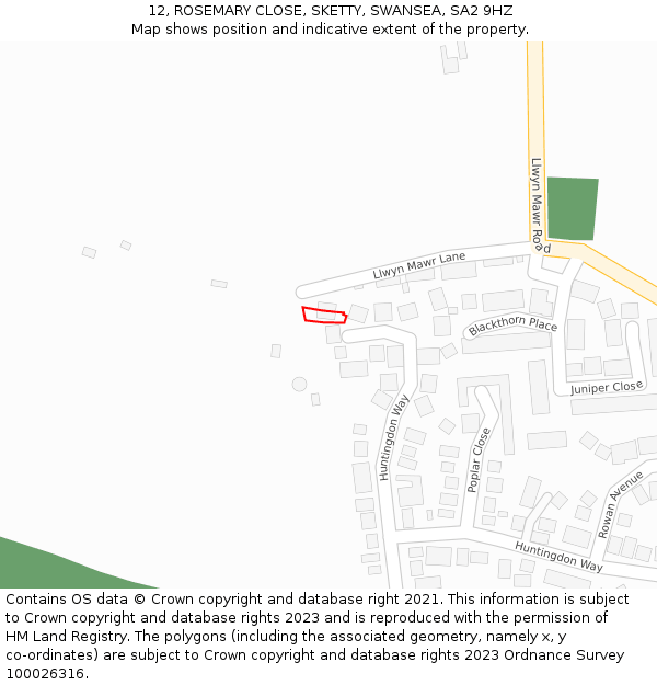 12, ROSEMARY CLOSE, SKETTY, SWANSEA, SA2 9HZ: Location map and indicative extent of plot