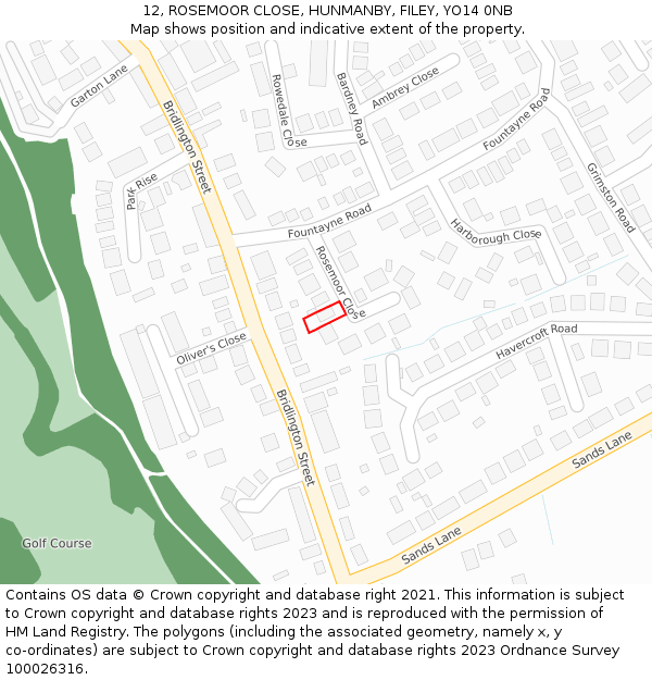 12, ROSEMOOR CLOSE, HUNMANBY, FILEY, YO14 0NB: Location map and indicative extent of plot