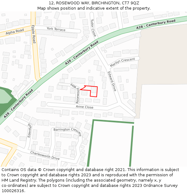 12, ROSEWOOD WAY, BIRCHINGTON, CT7 9QZ: Location map and indicative extent of plot