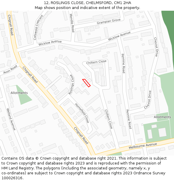 12, ROSLINGS CLOSE, CHELMSFORD, CM1 2HA: Location map and indicative extent of plot